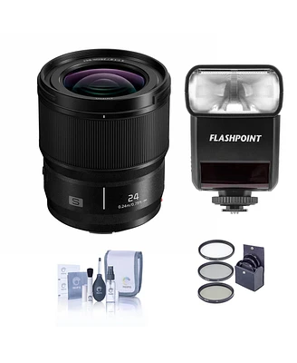 Panasonic Lumix S 24mm f/1.8 Lens for L Mount, Bundle with Flashpoint Zoom-Mini Ttl R2 Flash, 67mm Filter Kit, Cleaning Kit