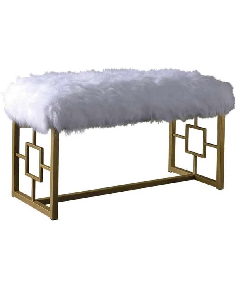 18" White and Gold Upholstered Faux Fur Bench