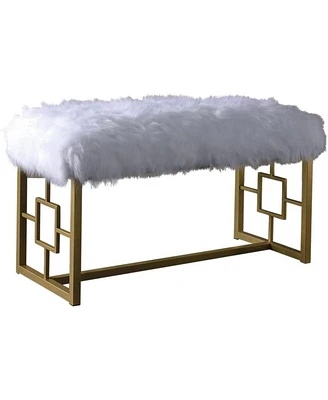 18" White and Gold Upholstered Faux Fur Bench