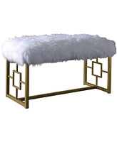 18" White and Gold Upholstered Faux Fur Bench
