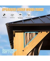 10x14FT Cedar Wood Gazebo, Solid Wood Hardtop Gazebo with Galvanized Steel Double Roof, Netting & Curtains, Outdoor Gazebo for Patio, Backyard, Deck,
