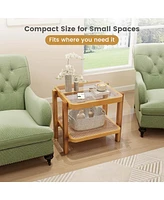 Pcs End Table with Tempered Glass Top Acacia Wood Legs Rattan Storage Shelf