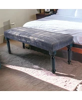 47" Blue And Cream Abstract Design Blue Leg Upholstered Bench