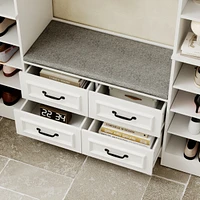 White high-gloss wooden entryway cabinet with shoe storage bench with 14 doors, soft seat for doorside storage