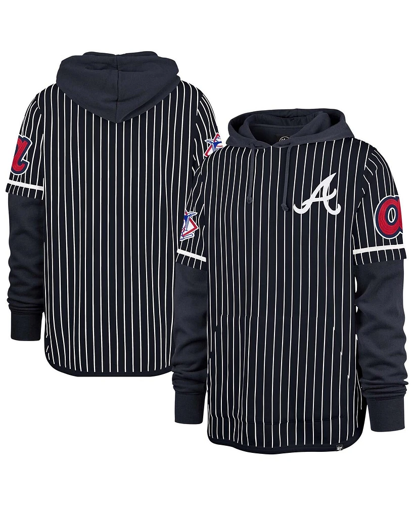 '47 Brand Men's Navy Atlanta Braves Pinstripe Double Header Pullover Hoodie