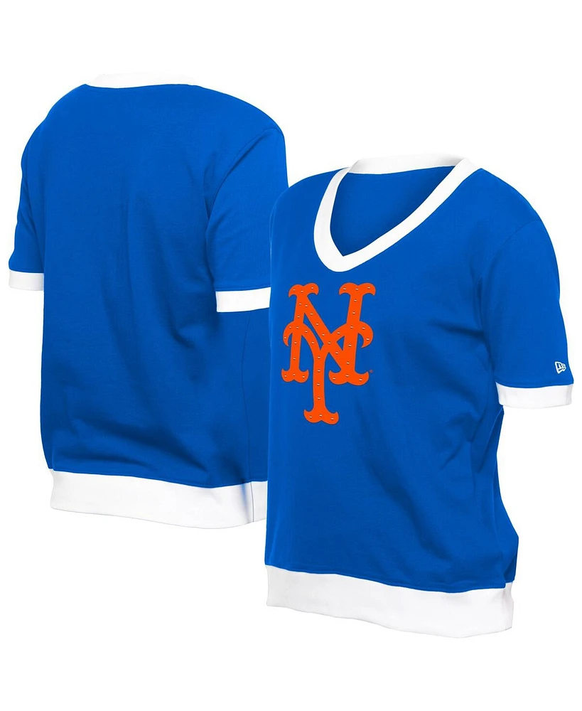 New Era Women's Royal York Mets Game Day Rhinestone V-neck T-Shirt