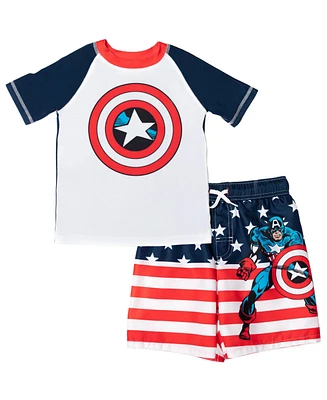 Avengers Toddler Boys Captain America Upf 50+ Rash Guard and Swim Trunks Outfit Set