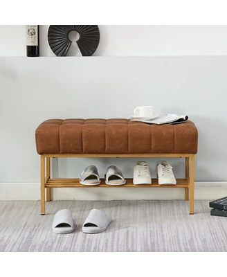 Modern Upholstered End of Bed Bench with Storage Shelf and Metal Legs Tufted Shoe Bench for Bedroom Entryway Living Room or Hallway Seating-The Pop Ho