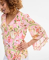 Jm Collection Women's Printed Embellished V-Neck Ruffle-Sleeve Top