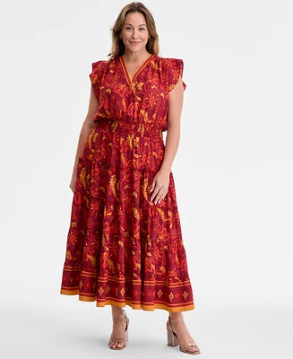 Vince Camuto Plus Printed Smocked-Waist Flutter-Sleeve Maxi Dress