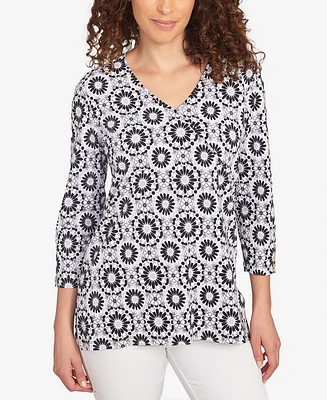 Ruby Rd. Petite Medallion Tile Floral Faux Surplice Top
