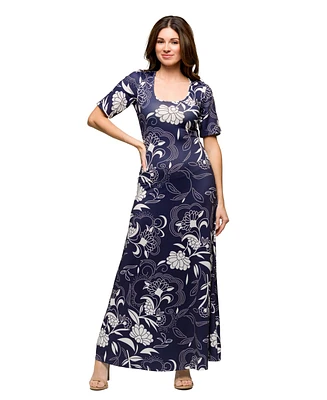 24seven Comfort Apparel Women's Elbow Sleeve Casual A Line Maxi Dress