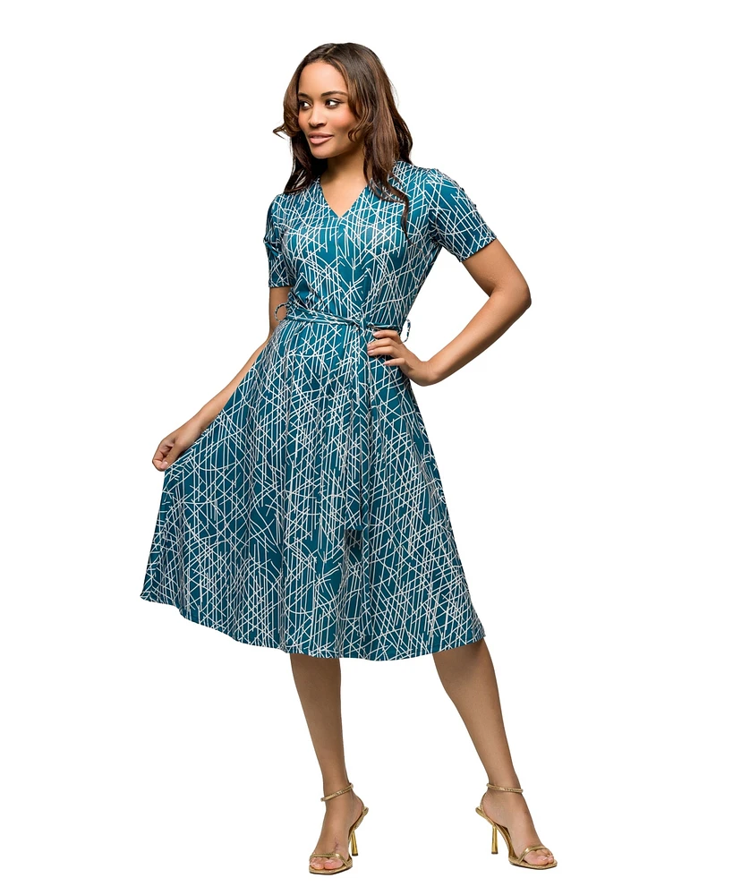 24seven Comfort Apparel Women's Short Sleeve Tie Waist Midi Dress