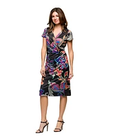 24seven Comfort Apparel Women's Paisley Knee Length Short Sleeve Faux Wrap Dress