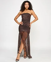 Katia Rae Juniors' Animal-Print Strapless Ruched Gown