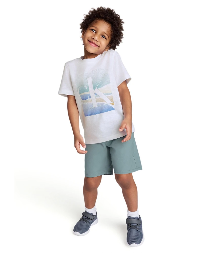 Calvin Klein Toddler and Little Boys Scenic Logo Short Sleeve Tee Twill Shorts, 2-Piece Set