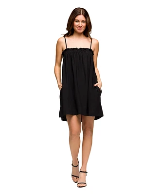 24seven Comfort Apparel Women's Square Neck Spaghetti Strap Smocked Pocket Mini Dress