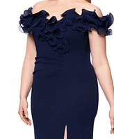 Xscape Plus Ruffled Side-Slit Evening Gown