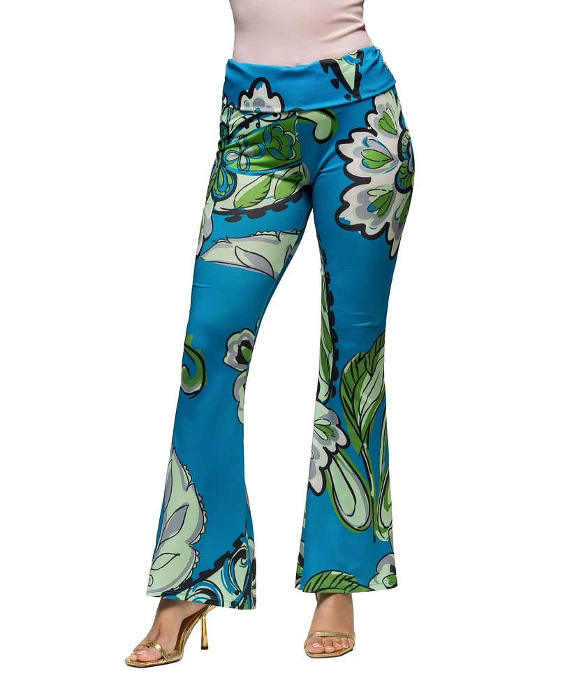 24seven Comfort Apparel Women's Teal Paisley Print Bell Bottom Foldover Waist Pants