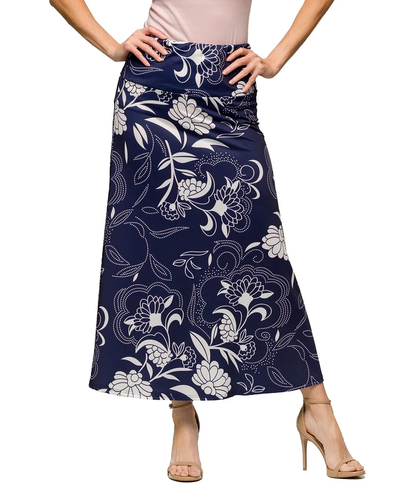 24seven Comfort Apparel Women's Navy Floral Print Elastic Waist A Line Maxi Skirt