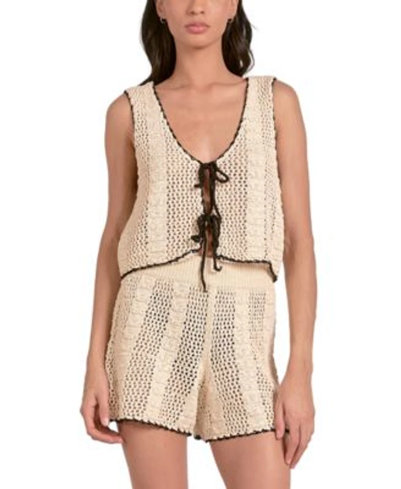 Elan Womens Crochet Tipped Tie Front Vest Crochet Tipped High Waisted Pull On Shorts