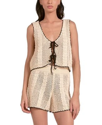 Elan Womens Crochet Tipped Tie Front Vest Crochet Tipped High Waisted Pull On Shorts