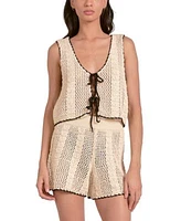 Elan Womens Crochet Tipped Tie Front Vest Crochet Tipped High Waisted Pull On Shorts