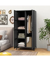 Pe Rattan Wicker Wardrobe with 2 Doors and Hanging Rod – Elegant Storage Cabinet for Bedroom or Closet