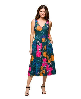 24seven Comfort Apparel Women's Midi Length Blue Floral Print Sleeveless Pleated Pocket Dress