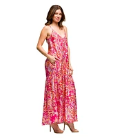 24seven Comfort Apparel Women's Pink Print Lightweight Spaghetti Strap Pocket Maxi Dress