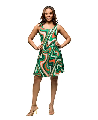 24seven Comfort Apparel Women's Green Print Sleeveless Knee Length Tank Swing Dress