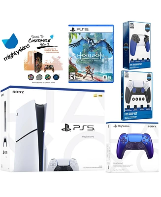 Sony Playstation 5 Slim Disc Bundle with Horizon Forbidden West, Extra Chroma Indigo Controller, Trigger Stop Kit, Fps Grip Kit and MightySkins Decal