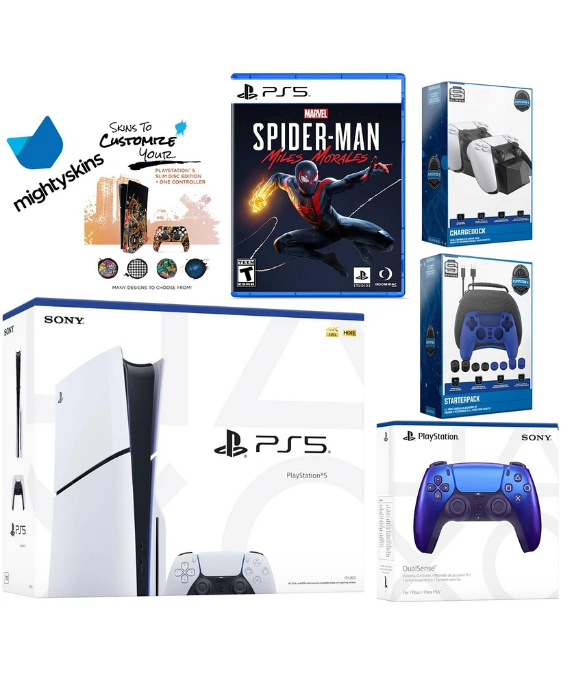 Sony Playstation 5 Slim Disc Bundle with Spider-Man: Miles Morales, Extra Chroma Indigo Controller, Pro Gamer Kit, Dual Charge Dock and MightySkins De