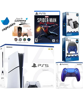 Sony Playstation 5 Slim Disc Bundle with Spider-Man: Miles Morales, Extra Chroma Indigo Controller, Pro Gamer Kit, Dual Charge Dock and MightySkins De