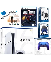 Sony Playstation 5 Slim Disc Bundle with Spider-Man: Miles Morales, Extra Chroma Indigo Controller, Pro Gamer Kit, Dual Charge Dock and MightySkins De