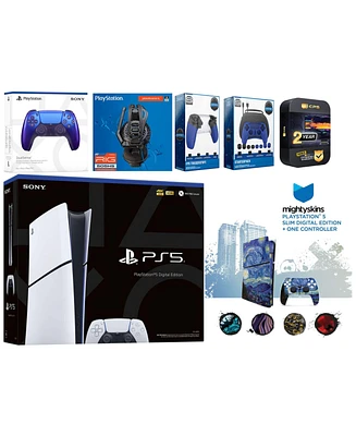 Sony Playstation 5 Slim Digital with Extra Chroma Indigo Controller, Plantronics Headset, Gamer Kit, Trigger Kit and MightySkins Decal Voucher + 2 Yea