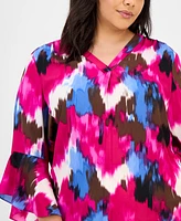 Jones New York Plus Printed Flutter-Sleeve Blouse