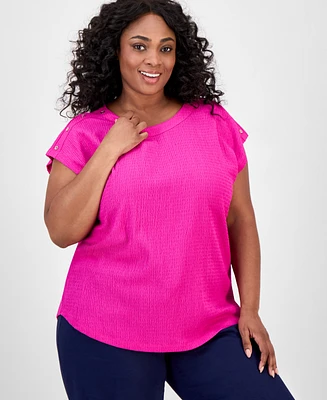 Jones New York Plus Crinkled Button-Trim Top