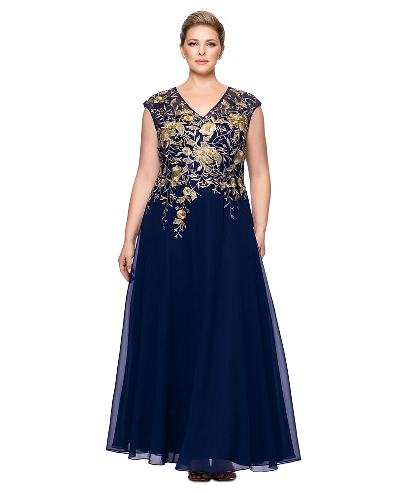 Betsy & Adam Plus Metallic-Embroidered A-Line Gown