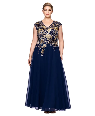 Betsy & Adam Plus Metallic-Embroidered A-Line Gown