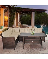 3PCS Rattan Dining Set Patio Furniture 6 Seats Sofa Cushioned