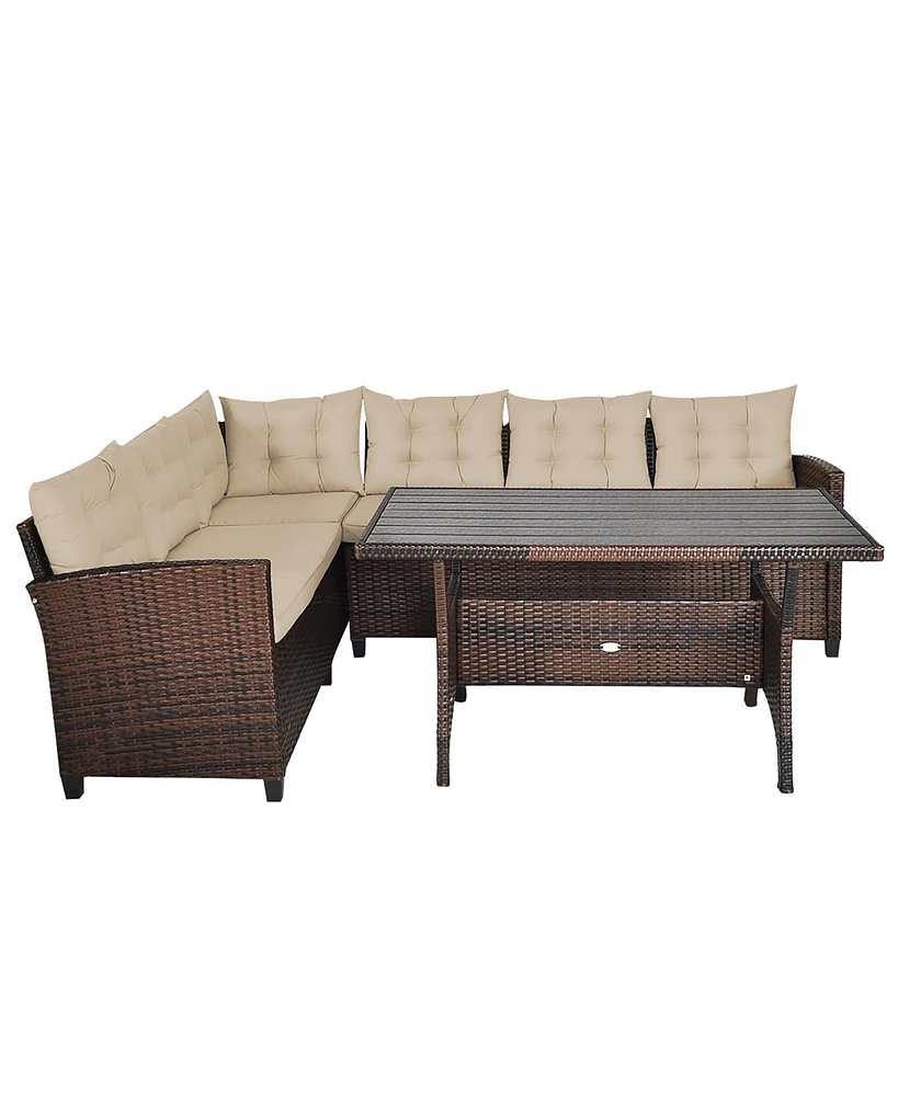 3PCS Rattan Dining Set Patio Furniture 6 Seats Sofa Cushioned