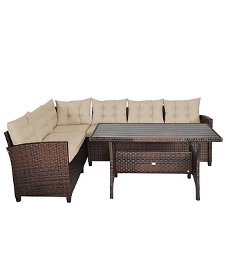 3PCS Rattan Dining Set Patio Furniture 6 Seats Sofa Cushioned