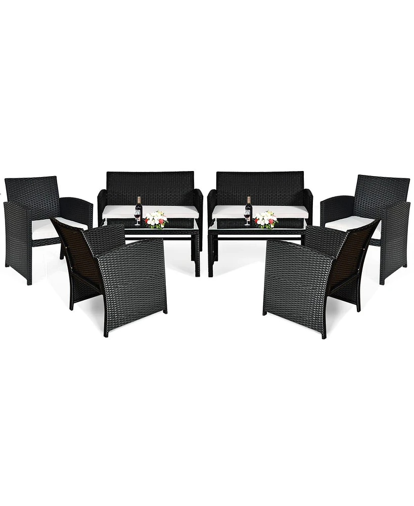 8PCS Patio Rattan Furniture Conversation Set Cushioned Sofa Table Garden