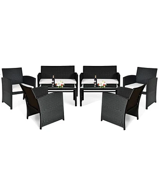 8PCS Patio Rattan Furniture Conversation Set Cushioned Sofa Table Garden
