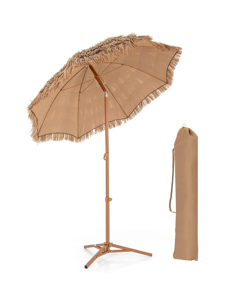 Gymax 6.5 Ft Thatched Tiki Umbrella w/ Foldable Stand Hawaiian Style Beach Umbrella