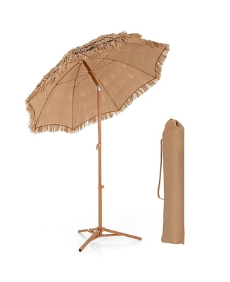 Gymax 6.5 Ft Thatched Tiki Umbrella w/ Foldable Stand Hawaiian Style Beach Umbrella