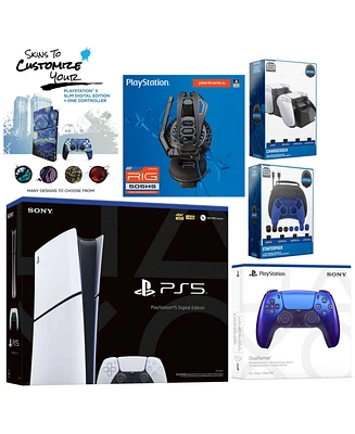 Sony Playstation 5 Slim Digital with Extra White Controller, Plantronics Headset, Gamer Kit, Charge Dock and MightySkins Decal Voucher + 1 Year Cps Ex