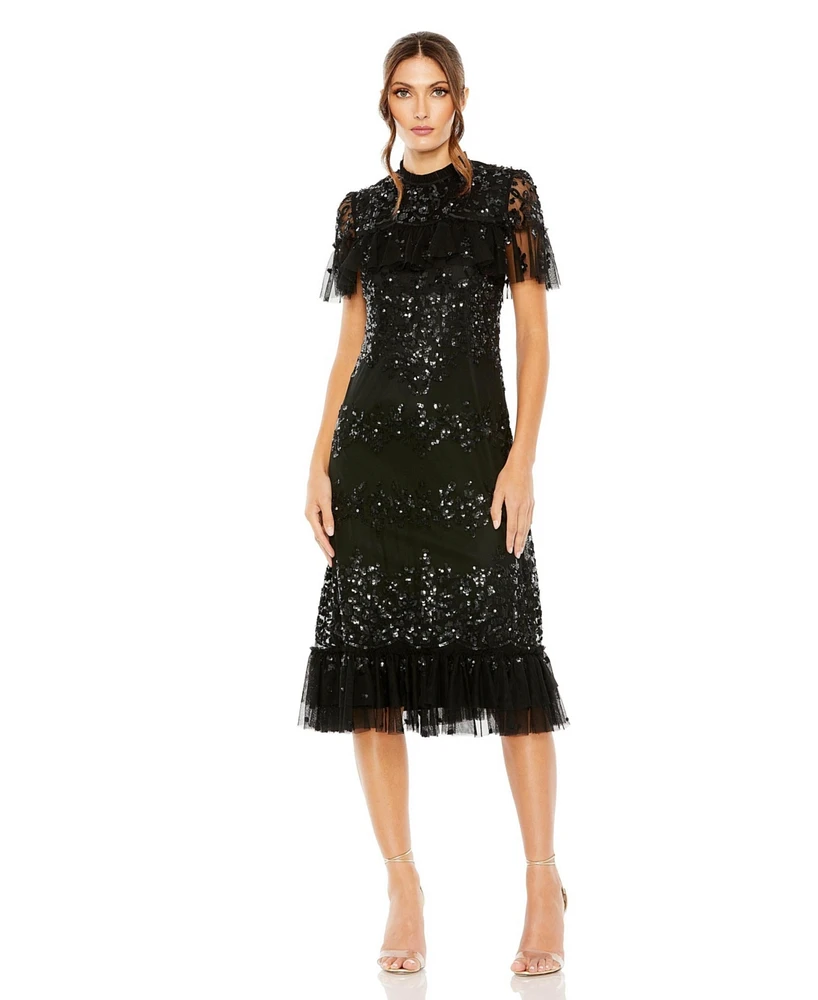 Mac Duggal Women's Sequined High Neck Ruffled Flutter Sleeve Midi Dress