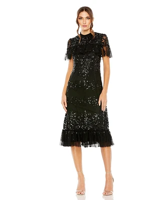 Mac Duggal Women's Sequined High Neck Ruffled Flutter Sleeve Midi Dress